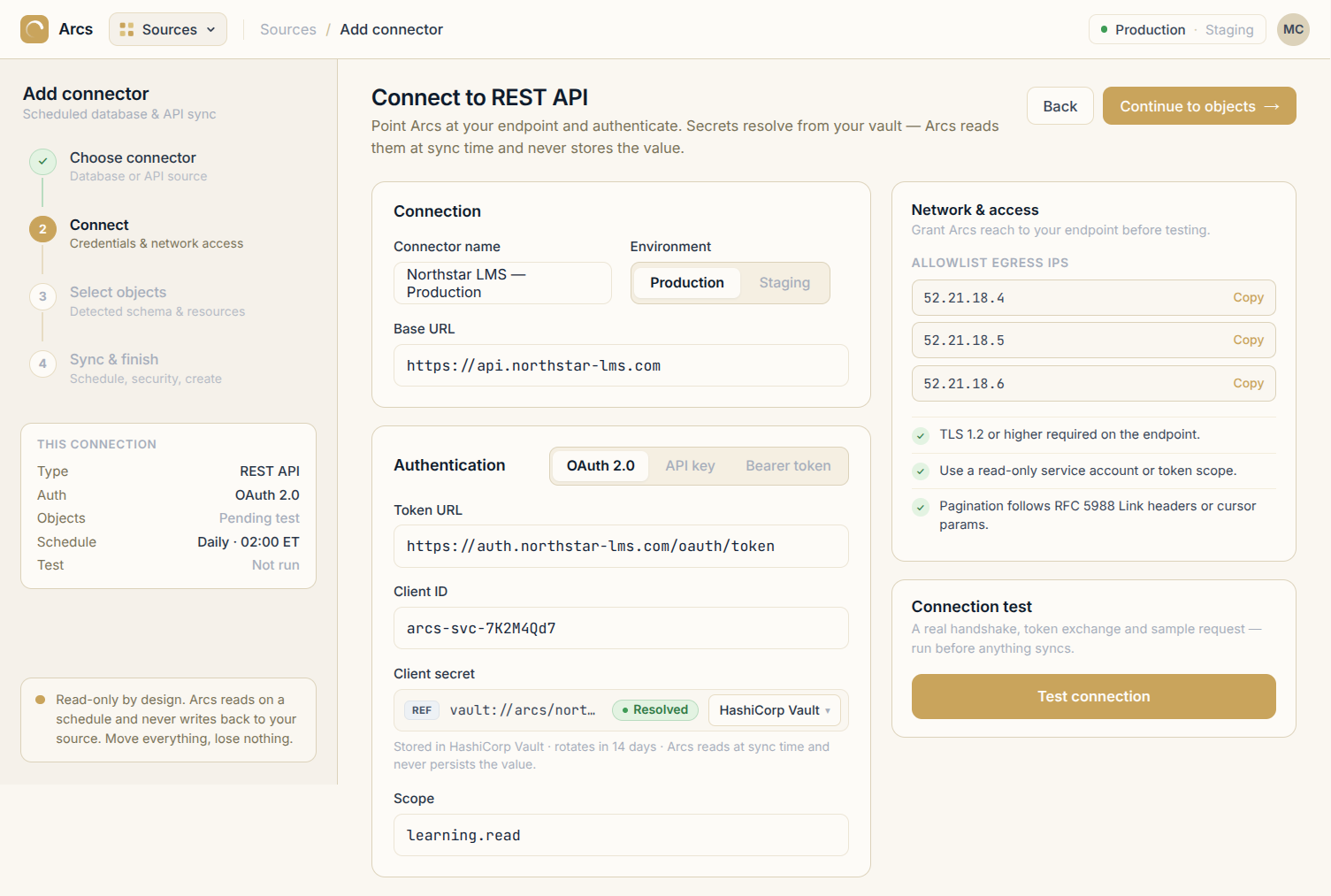 Arcs REST API connector setup showing secure authentication, network access requirements, and connection testing.